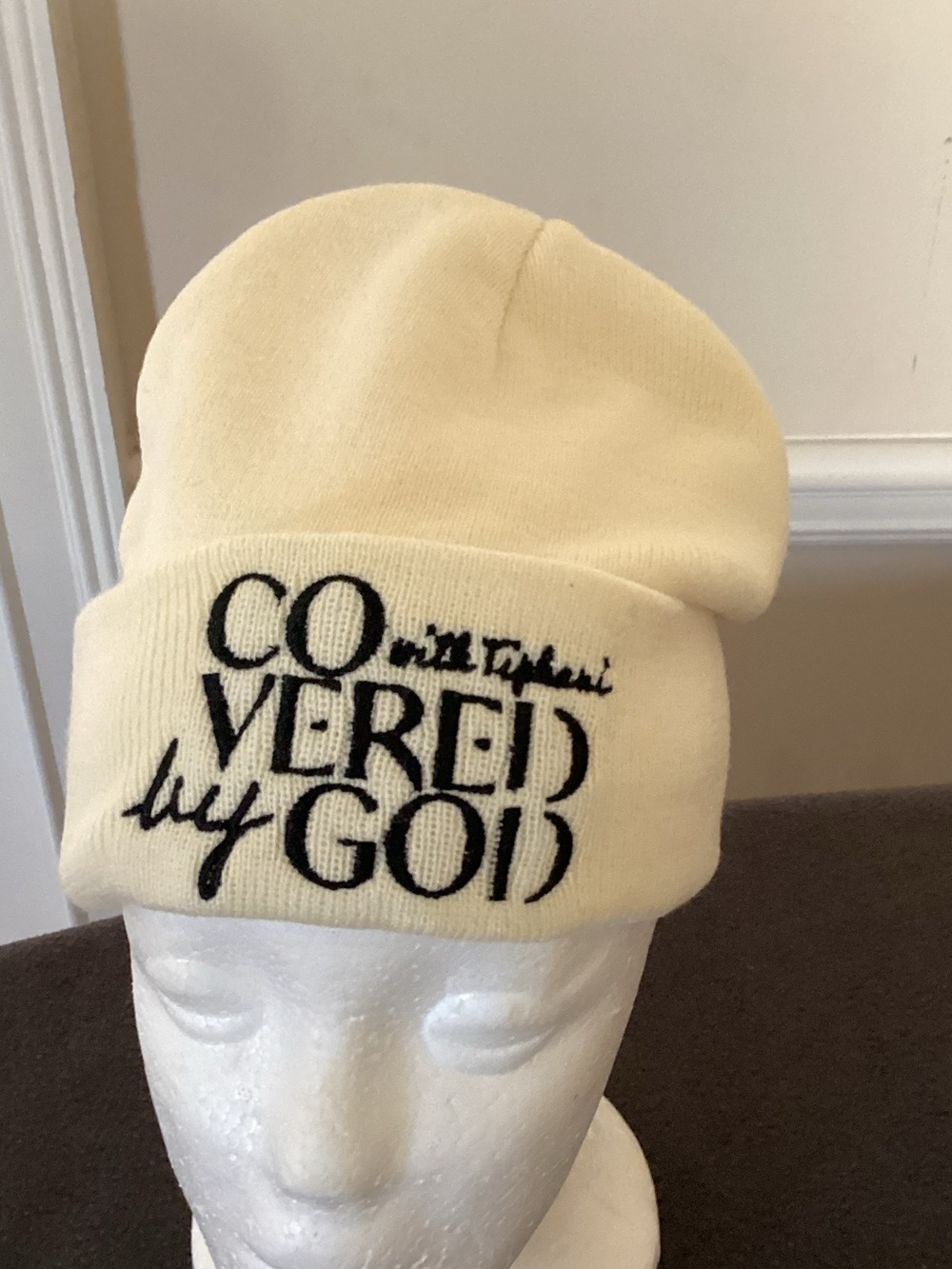 Covered By God Ivory Knit Beanie with Black Embroidery